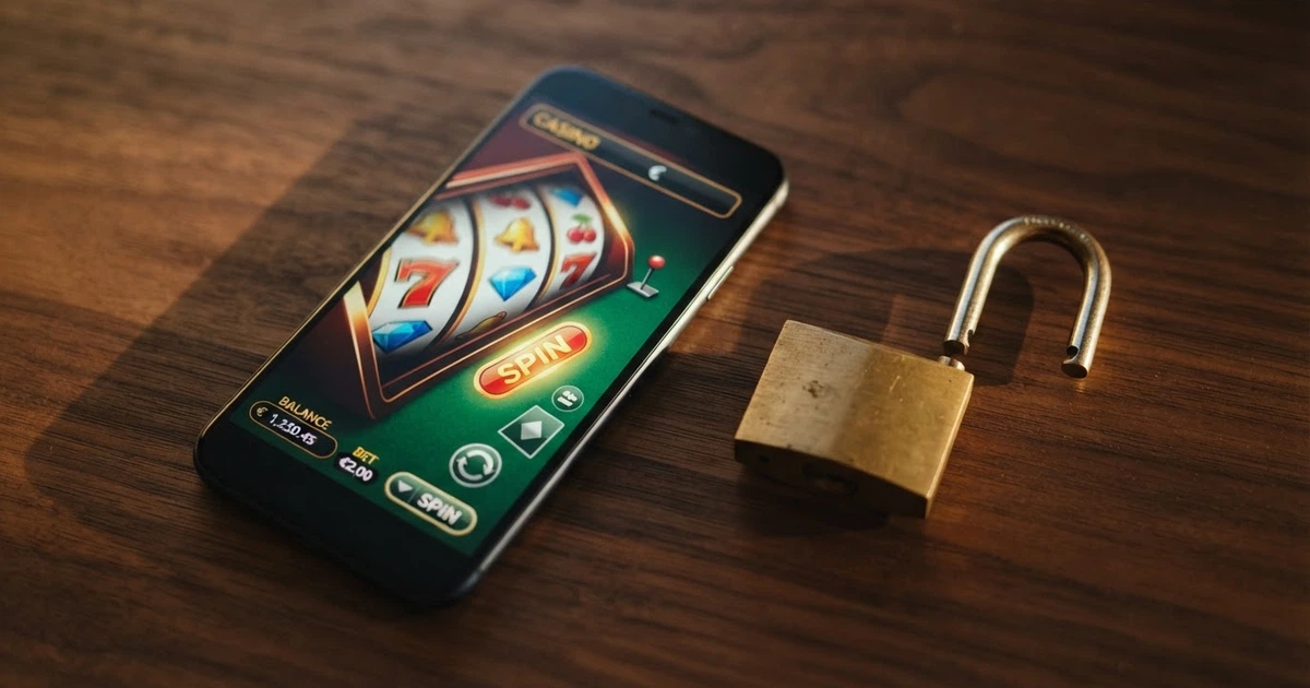 Un cadenas ouvert posé sur un écran de smartphone affichant une interface de casino en ligne, sur fond de lumière tamisée