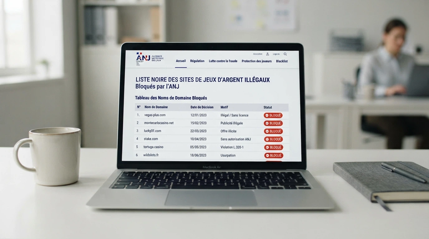 Capture d'écran du site anj.fr montrant la liste noire des sites de jeux d'argent bloqués en France