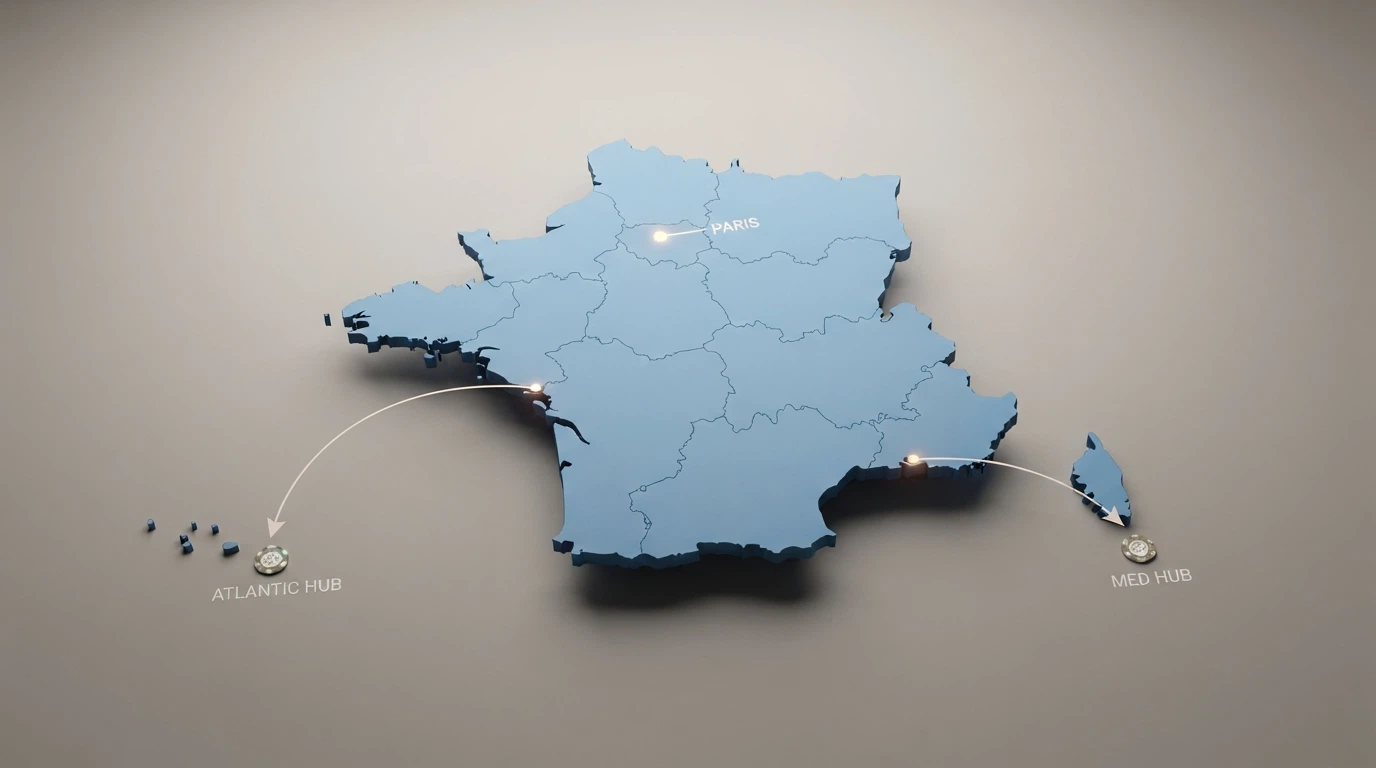 Une carte schématique montrant la France et les juridictions de licence offshore (Curaçao, MGA) avec des flèches symbolisant l'accès aux casinos en ligne