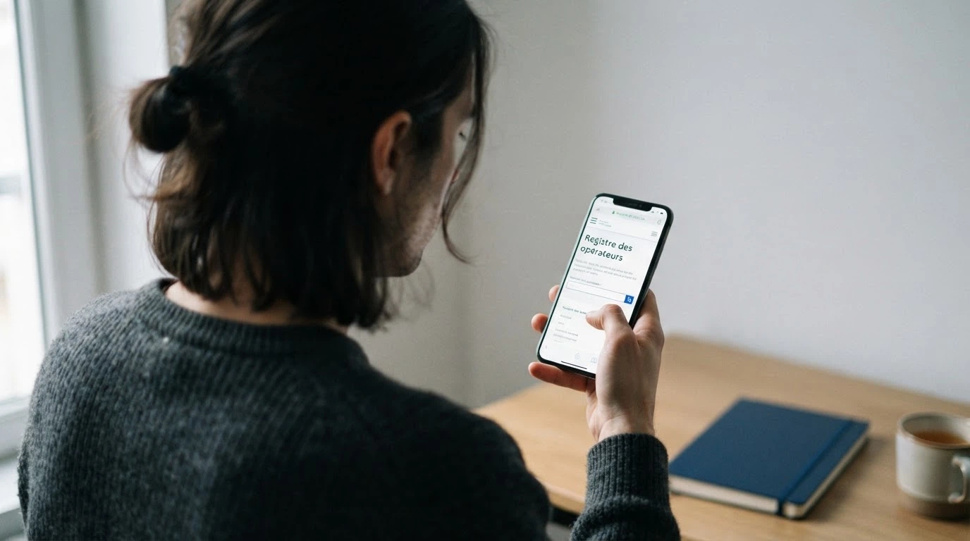 Un écran de smartphone affichant le registre des opérateurs agréés de l'ANJ, un cadenas vert dans la barre d'adresse