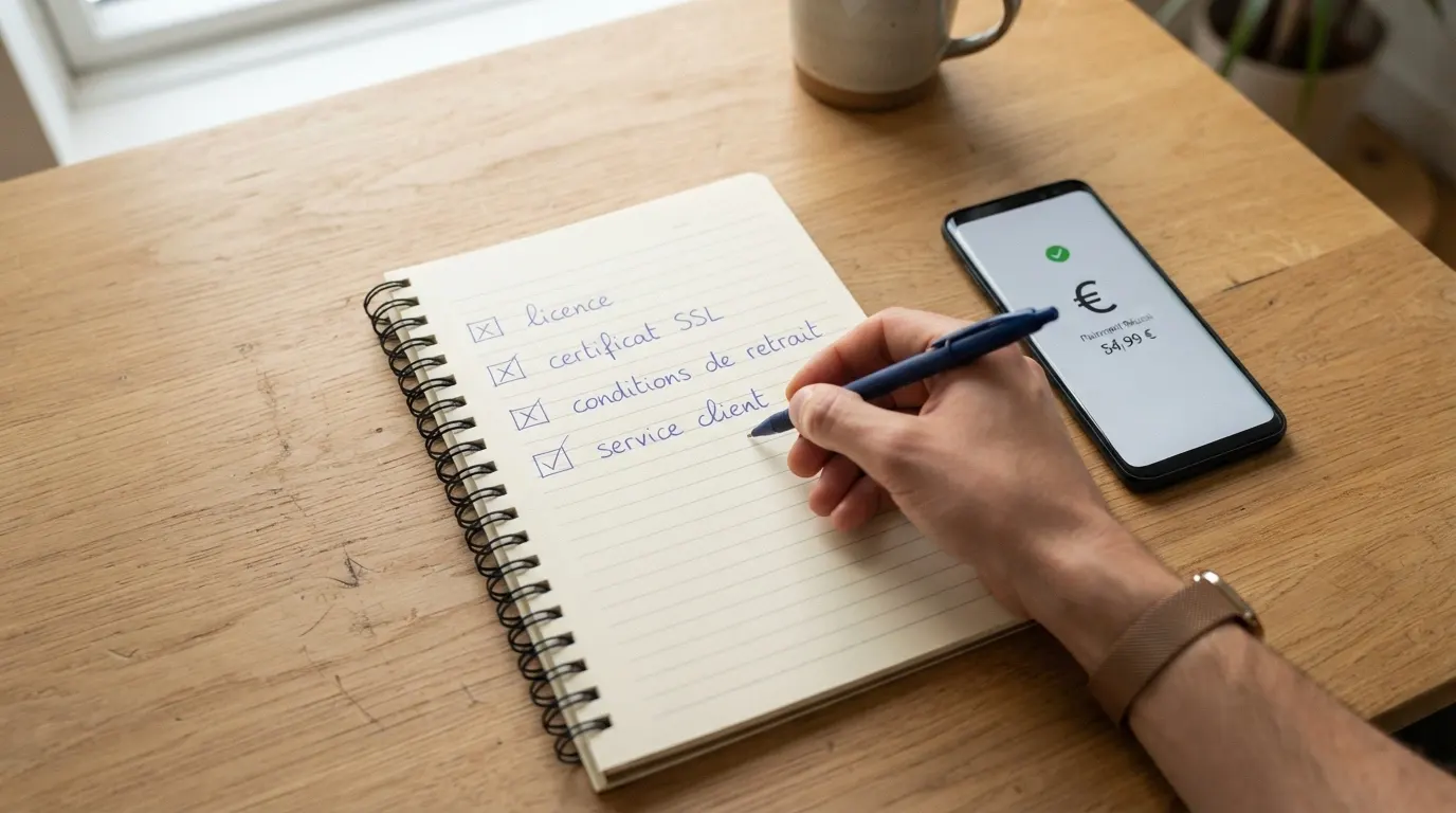 Liste de contrôle des éléments à vérifier avant de déposer : licence, certificat SSL, mentions légales, conditions de retrait