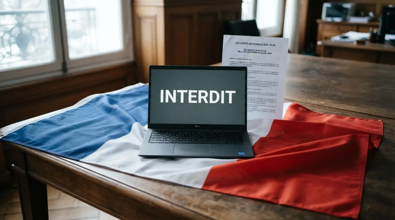 Le drapeau français superposé à un document officiel portant le logo de l'ANJ, un écran en arrière-plan affichant la mention « interdit »