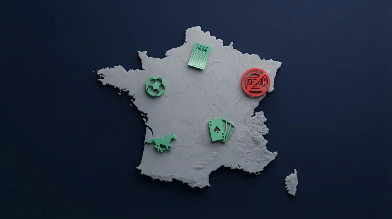 Une carte de la France avec les icônes des quatre catégories de jeux autorisés (loteries, paris sportifs, hippisme, poker) en vert et l'icône machine à sous barrée en rouge.