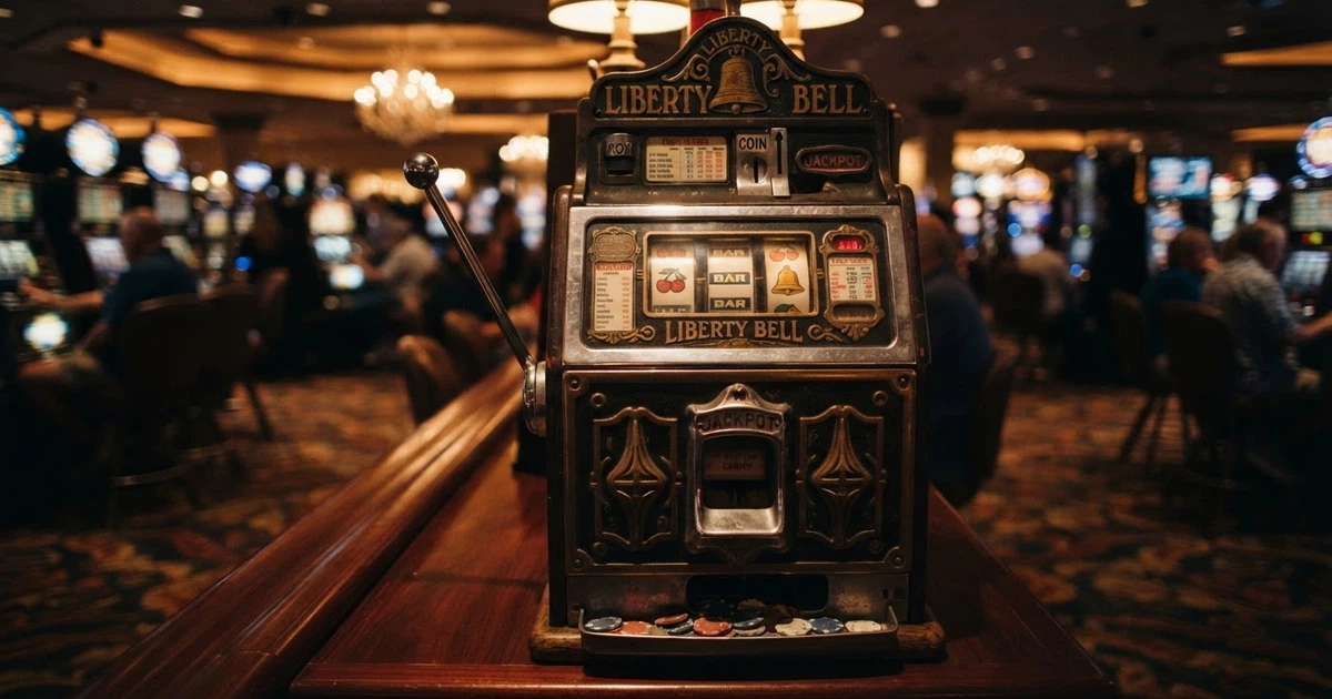 Une machine à sous mécanique classique de casino avec son levier latéral, ses trois rouleaux et ses symboles fruits, BAR et cloche.