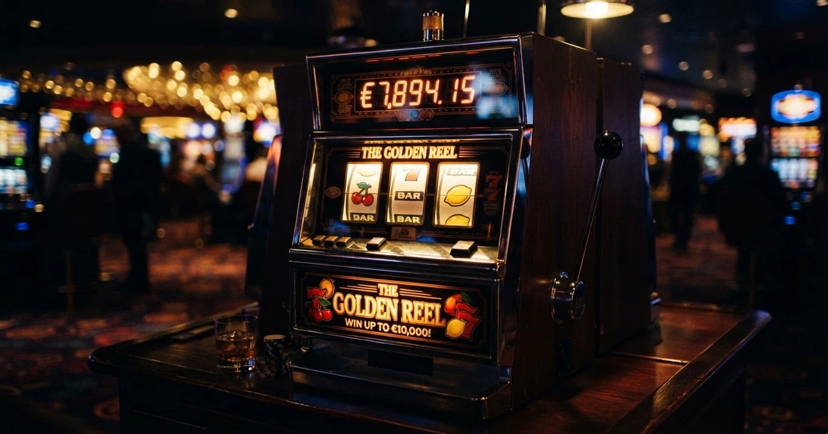 Un rouleau de machine à sous illuminé avec une cagnotte progressive affichée en haut de l'écran, dans l'ambiance sombre d'un casino
