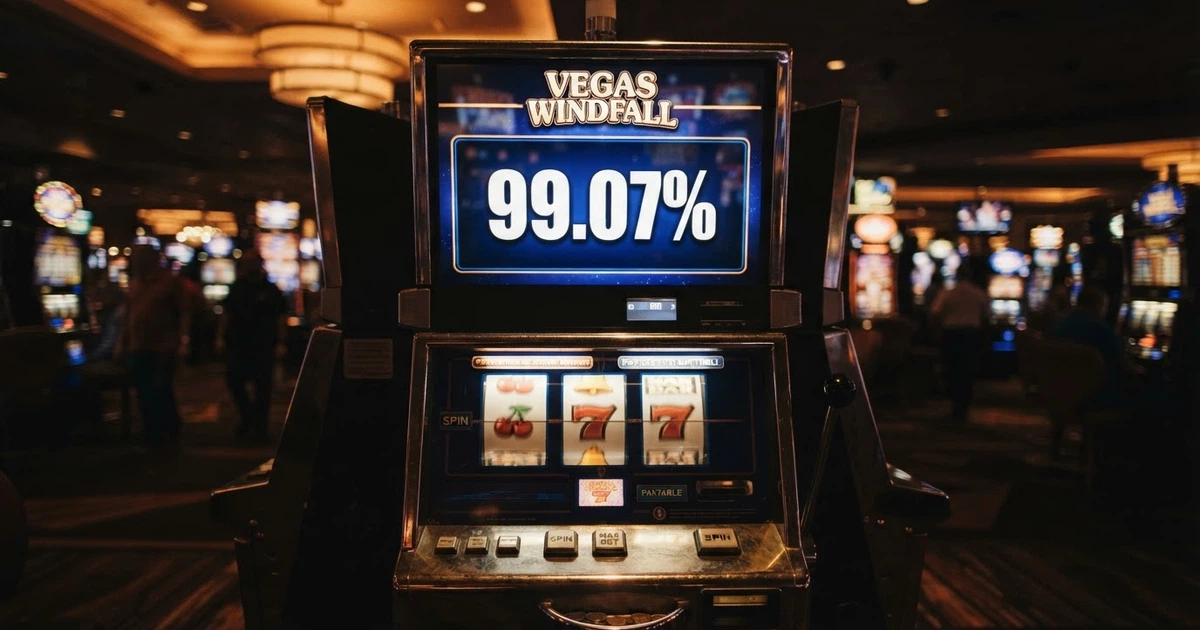 Une roue de machine à sous en gros plan avec l'affichage numérique du RTP 99,07 % à l'écran, fond de casino tamisé.