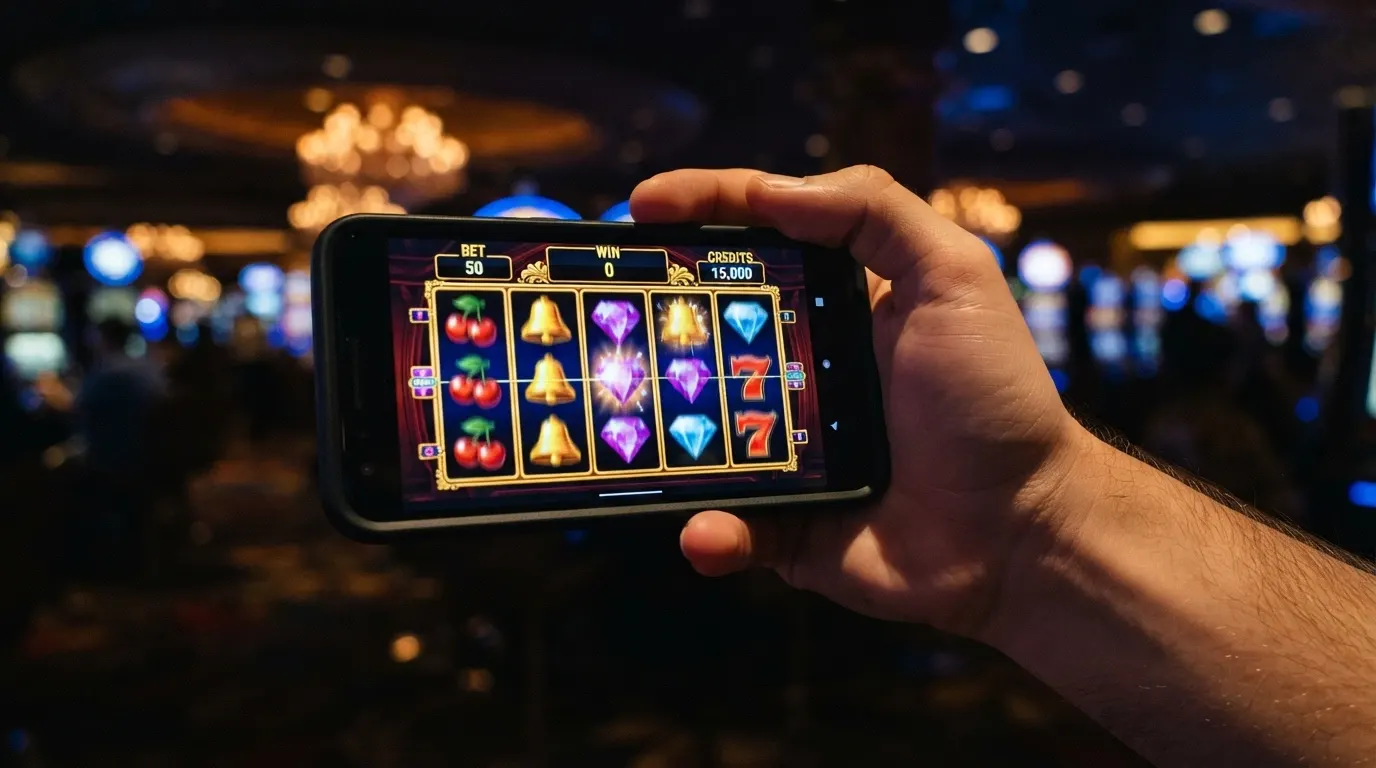 Écran de jeu d'une machine à sous en ligne colorée avec rouleaux et symboles de fruits et de gemmes