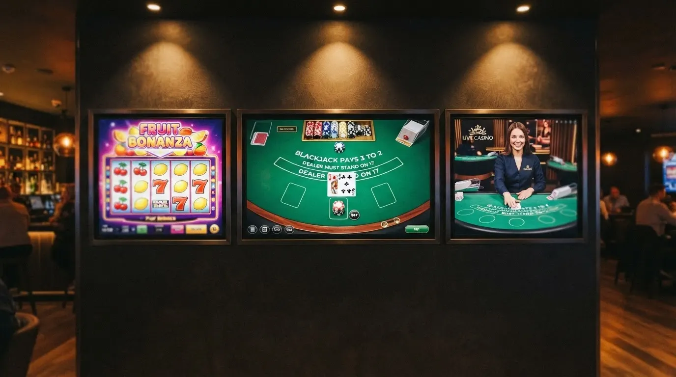 Galerie de jeux de casino en ligne : machines à sous colorées, table de blackjack, et croupier en direct filmé en studio