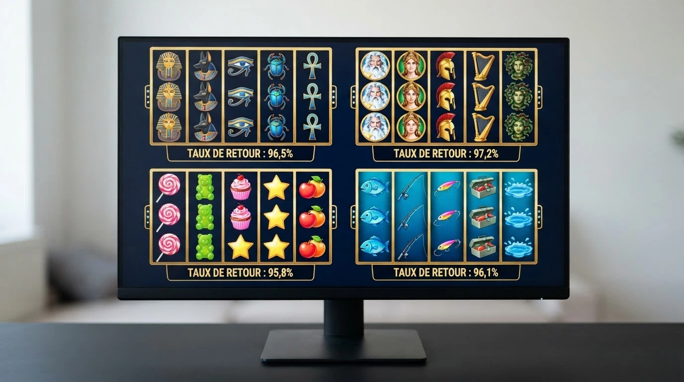 Un écran partagé montrant quatre machines à sous célèbres (Book of Dead, Gates of Olympus, Sweet Bonanza, Big Bass Bonanza) avec leur RTP affiché en surimpression