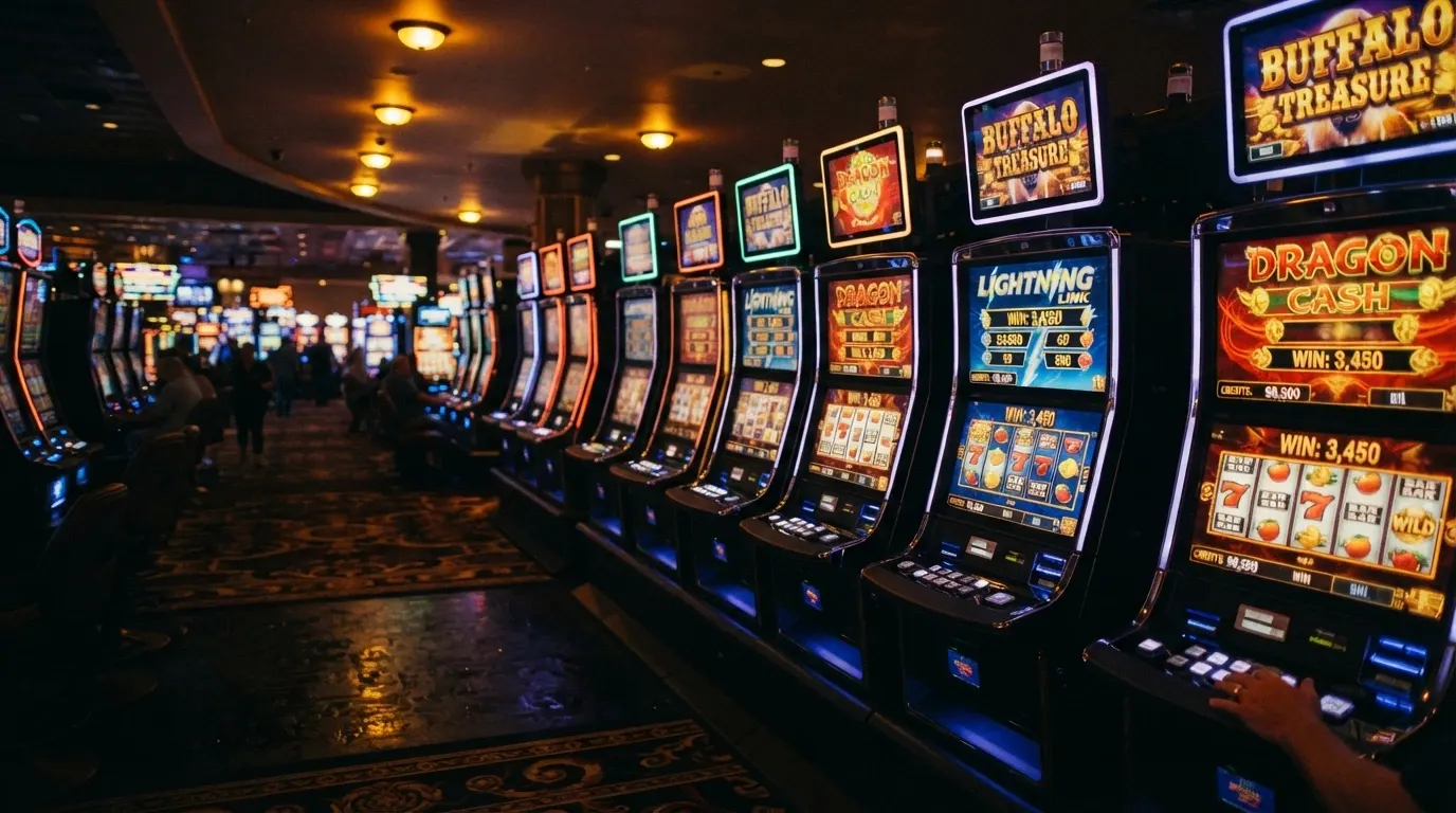 Une rangée de machines à sous modernes dans la salle principale du Casino Barrière d'Enghien-les-Bains, écrans allumés, ambiance tamisée