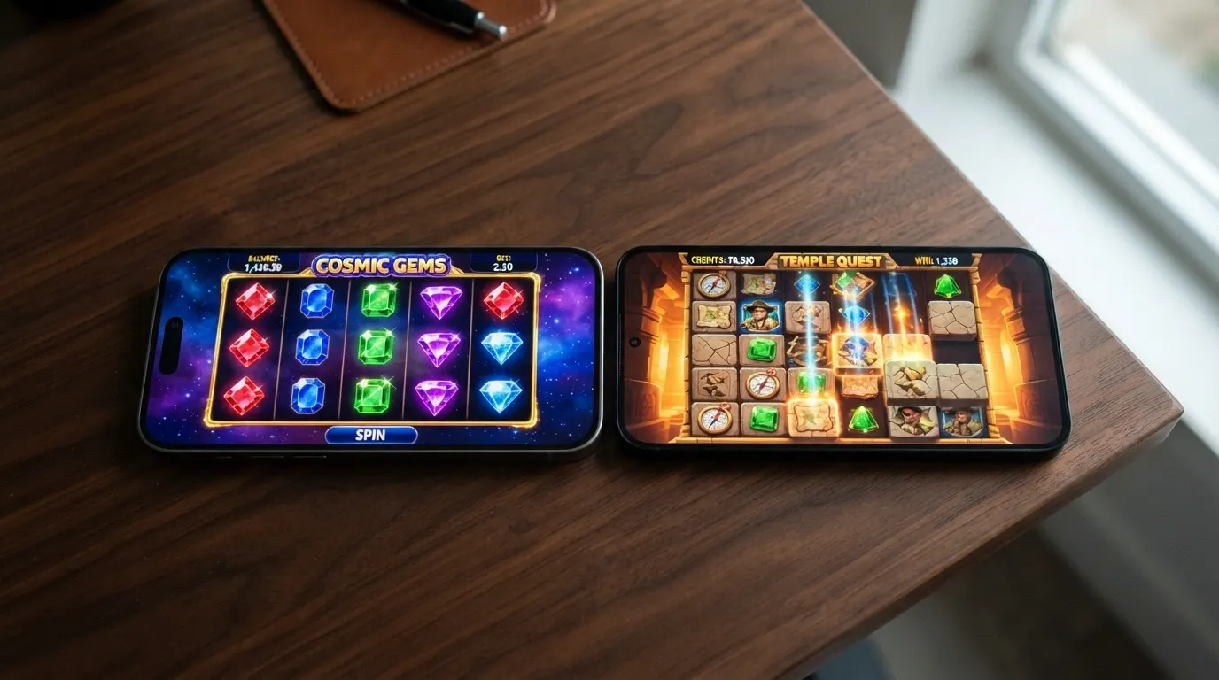 Écrans de jeu de Starburst et Gonzo's Quest côte à côte avec leurs grilles et symboles
