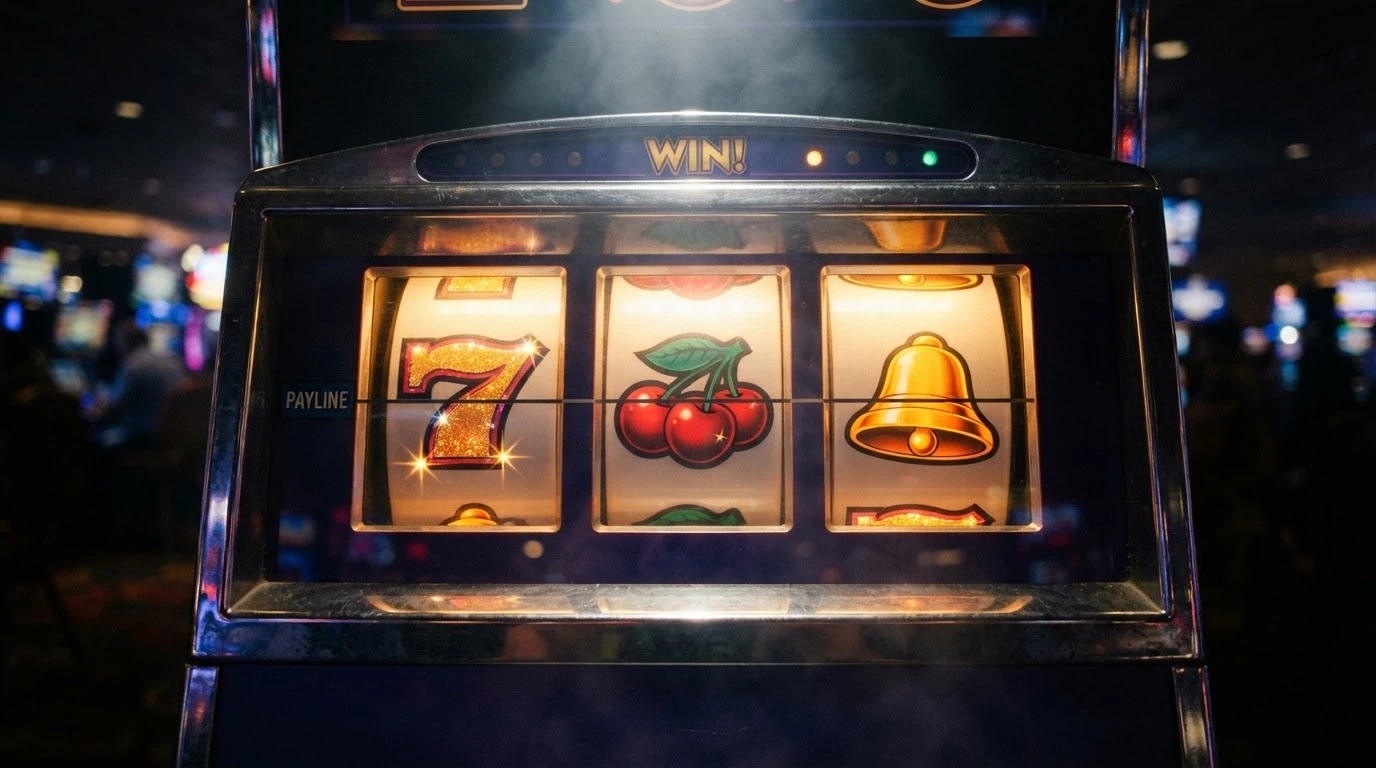 Rouleaux de machines à sous colorées avec des symboles de fruits, de cloches et de sept