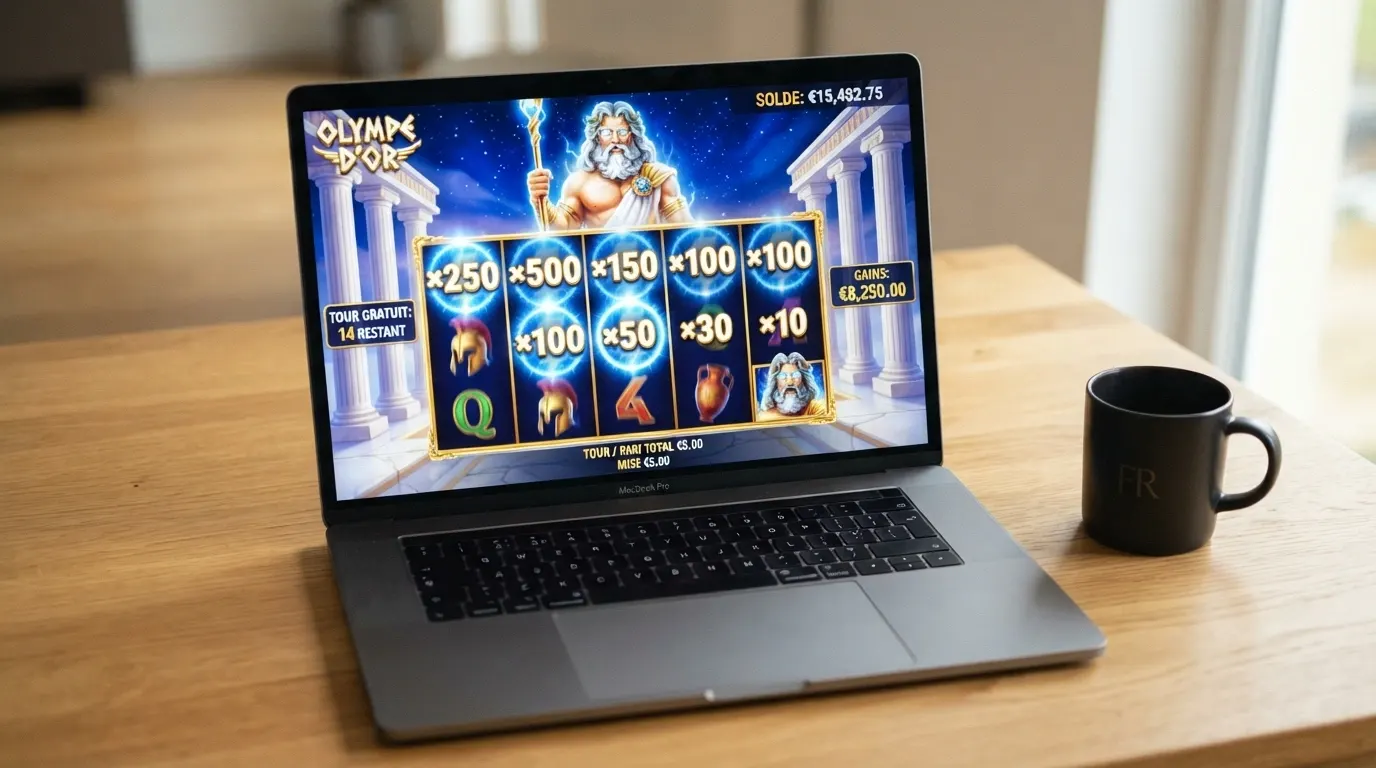 Capture d'écran du slot Gates of Olympus, le jeu Pragmatic Play le plus joué, multiplicateurs visibles, Zeus en arrière-plan