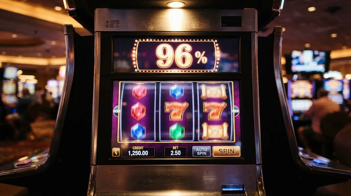 Cinq machines à sous en ligne alignées côte à côte, chacune affichant un pourcentage de RTP différent, du plus bas au plus élevé.