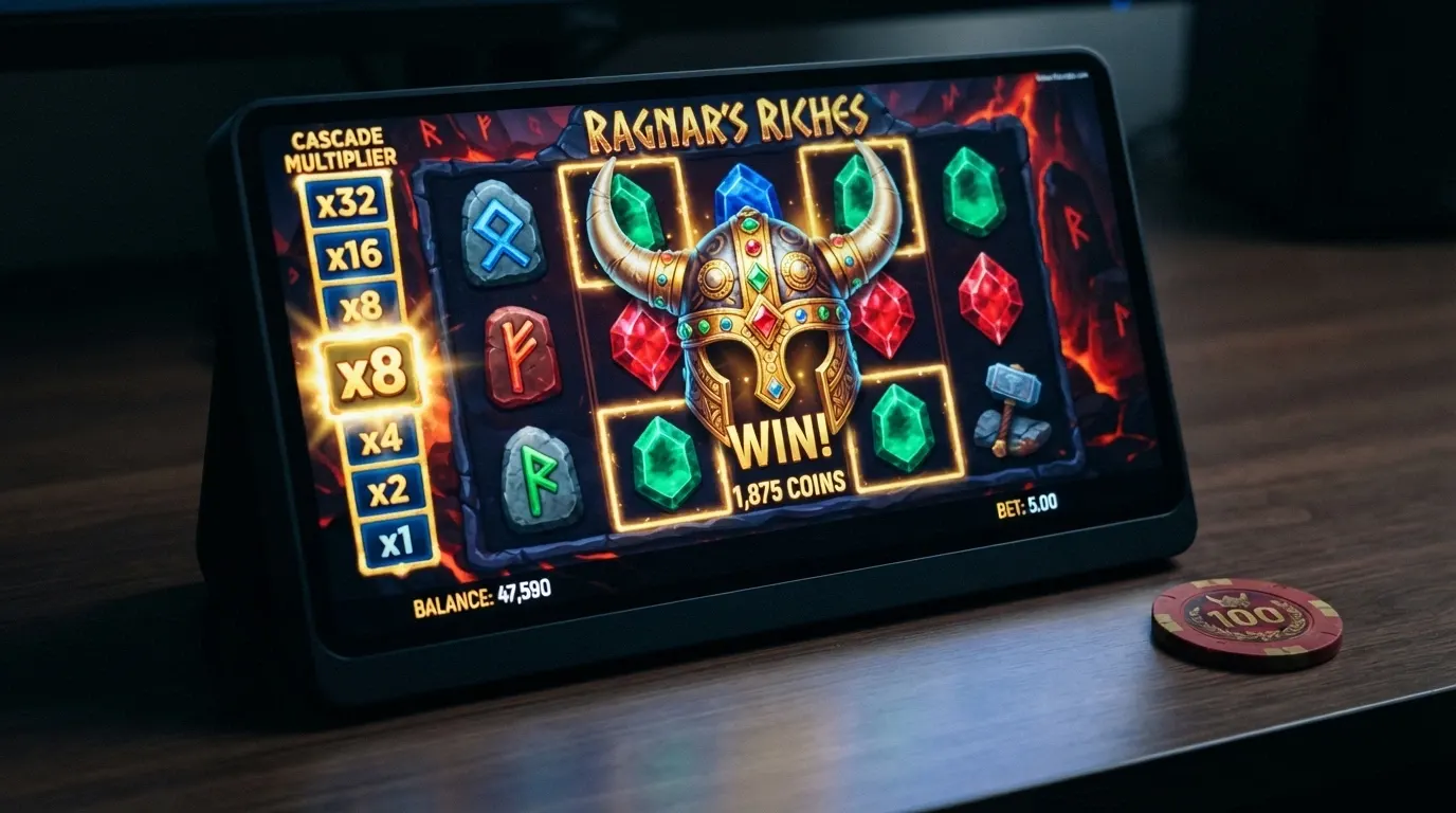 Écran de jeu d'une machine à sous Yggdrasil affichant une mécanique GigaBlox avec des symboles oversized et une interface colorée