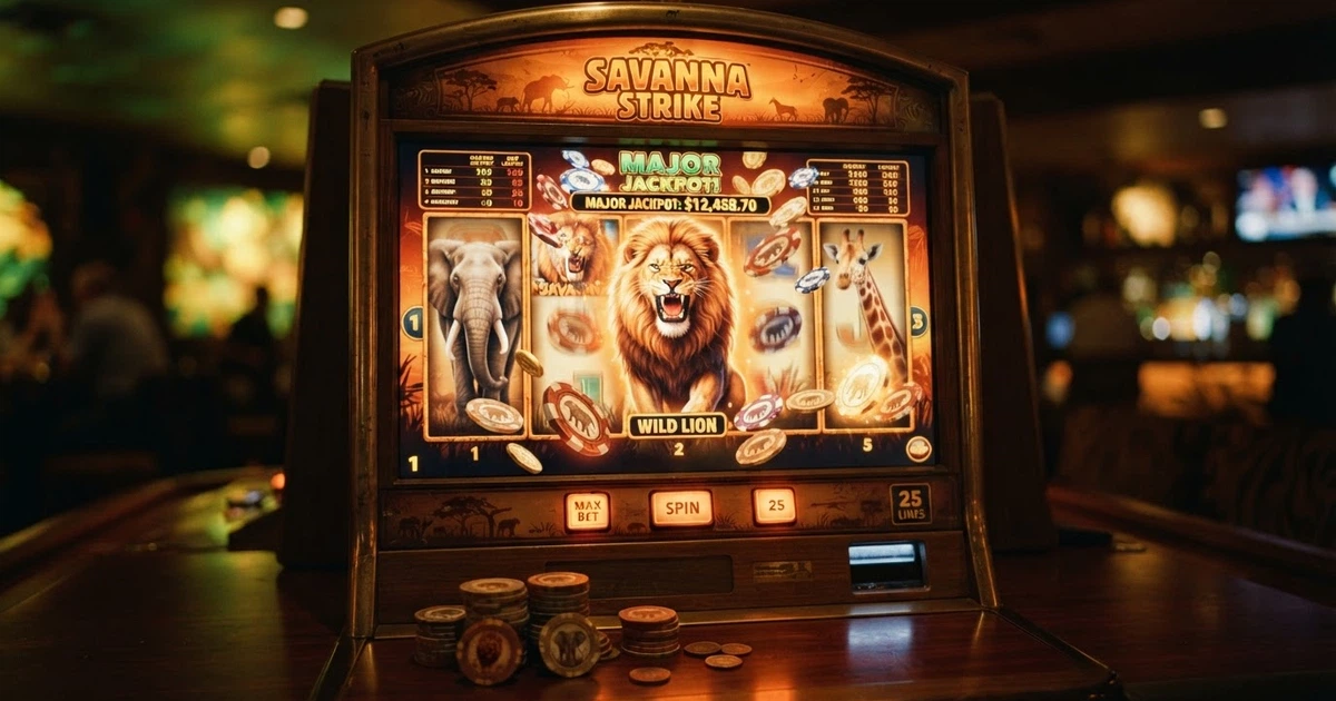 Rouleaux d'une machine à sous sur le thème du safari africain avec des lions, des éléphants et des symboles de jackpot progressif