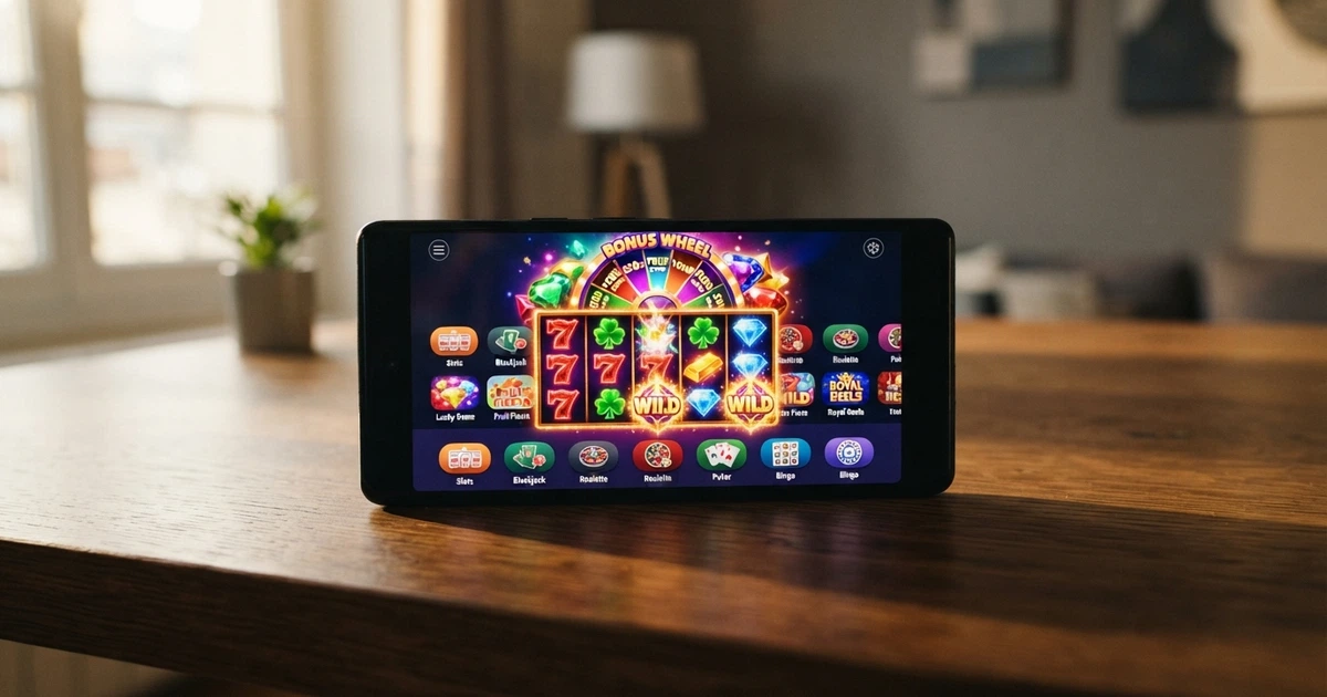 Un écran de smartphone affichant une application de casino en ligne, avec l'interface d'accueil et les icônes de jeux visibles