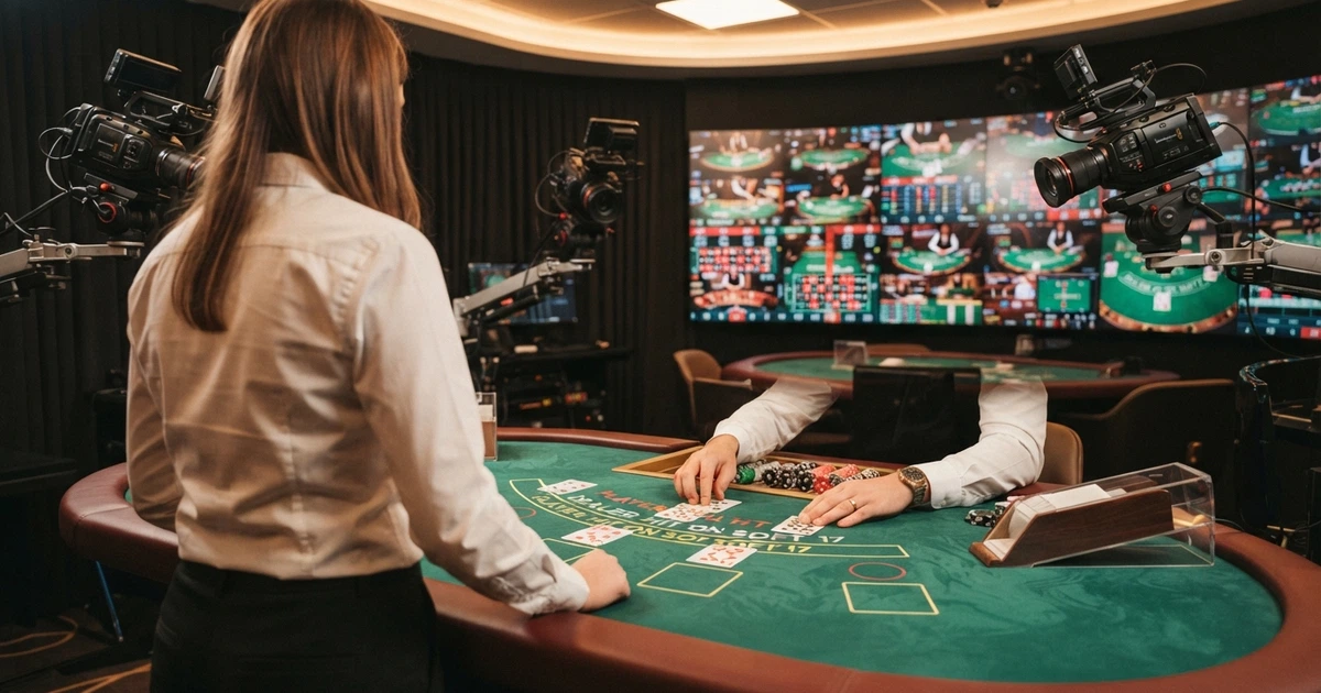 Un croupier en direct distribuant des cartes face à une caméra dans un studio de casino live, entouré d'écrans et de tables de jeu