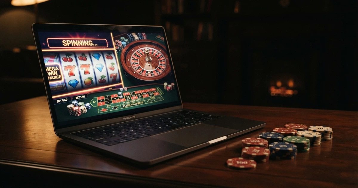 Capture d'écran d'une interface de casino en ligne montrant une sélection de machines à sous, une roulette et des jetons sur fond sombre