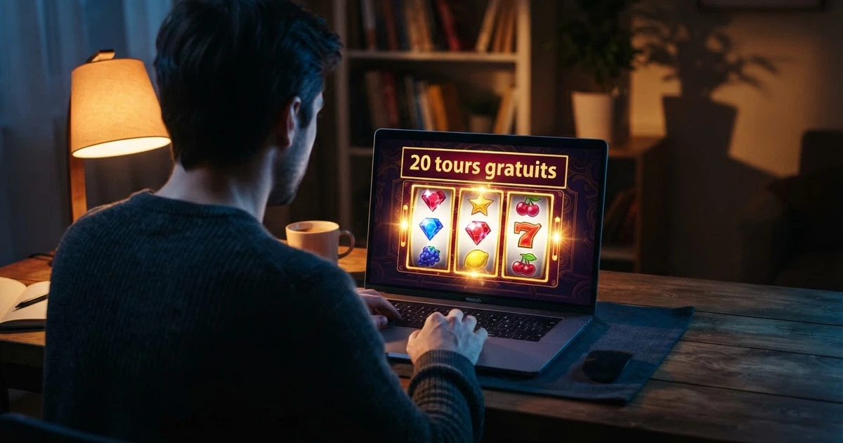 Interface d'un casino en ligne affichant une bannière de bonus sans dépôt — « 20 tours gratuits offerts à l'inscription » — avec des machines à sous en arrière-plan