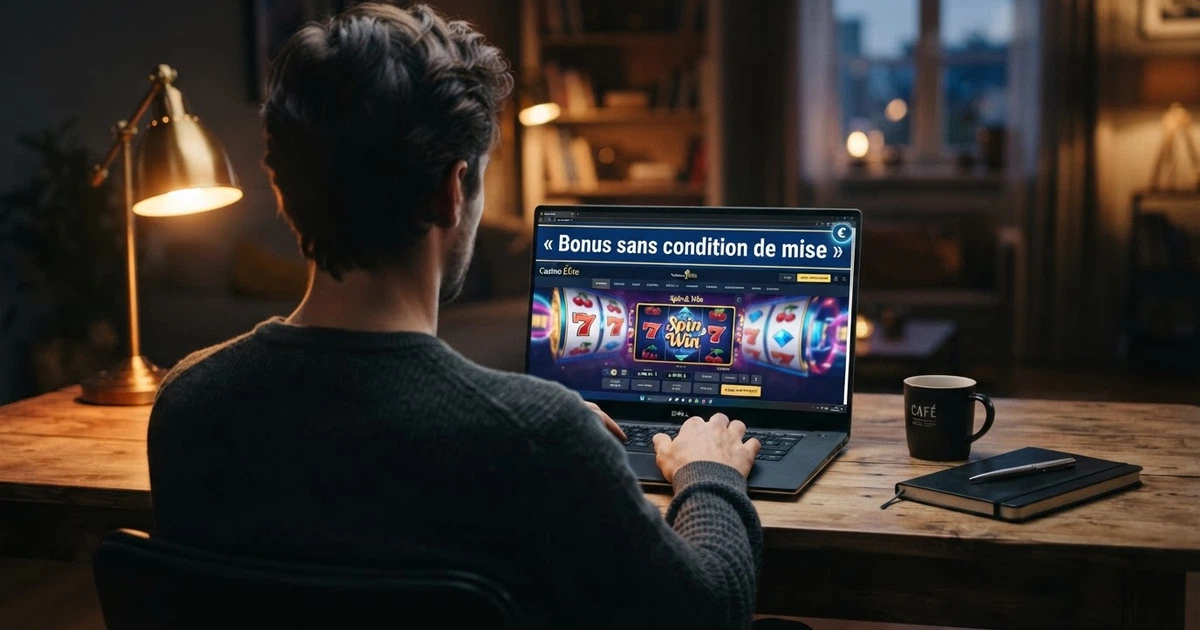 Capture d'écran d'un casino en ligne présentant un bandeau « bonus sans condition de mise », avec une machine à sous en arrière-plan