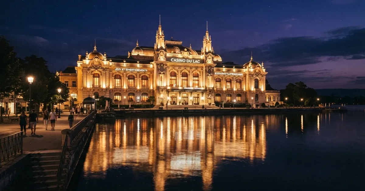 La façade illuminée du Casino Barrière d'Enghien-les-Bains vue depuis le lac, de nuit, avec l'enseigne Barrière visible