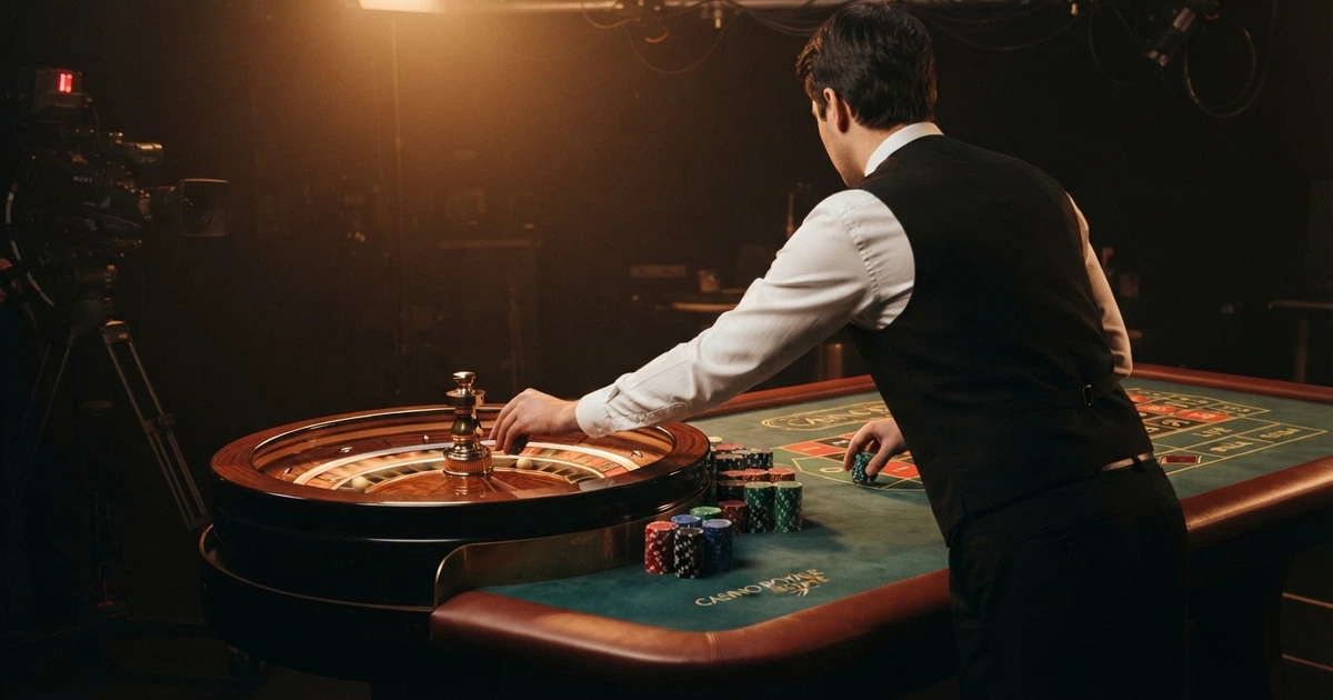 Croupier en direct derrière une table de roulette, filmé dans un studio de casino