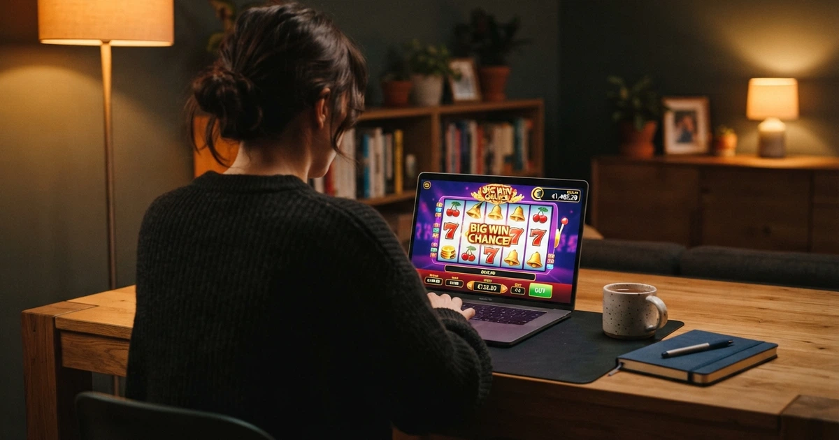 Un joueur consultant la page d'un casino en ligne sur son écran, l'air concentré, avec une interface de jeu en arrière-plan floutée