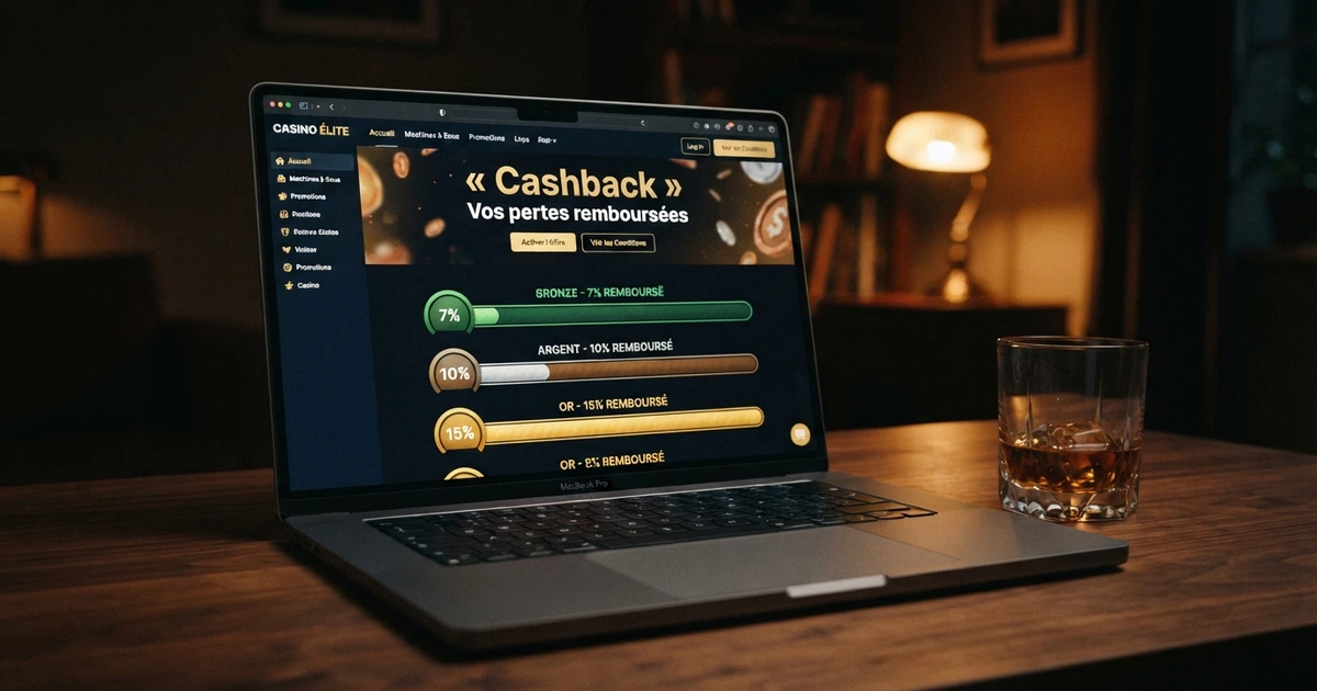 Écran d'ordinateur affichant une interface de casino en ligne avec une bannière « cashback » et des jauges de remboursement colorées