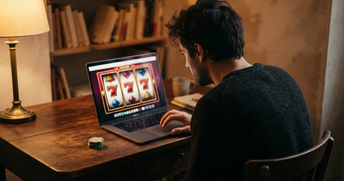 Un joueur français consultant des avis de casinos en ligne sur son écran, l'air concentré, avec en arrière-plan des logos de casinos et des étoiles de notation