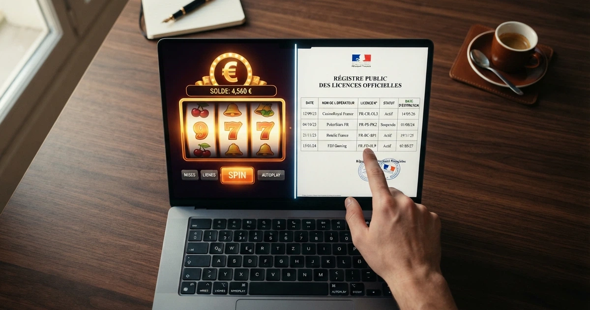 Un écran partagé entre l'interface d'un casino en ligne belge agréé et le registre officiel de la Commission des jeux de hasard