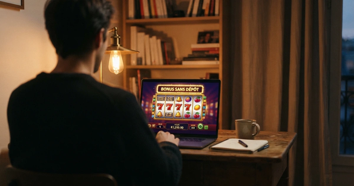 Interface d’un casino en ligne affichant une offre de bonus sans dépôt aux nouveaux joueurs, sans logo identifiable