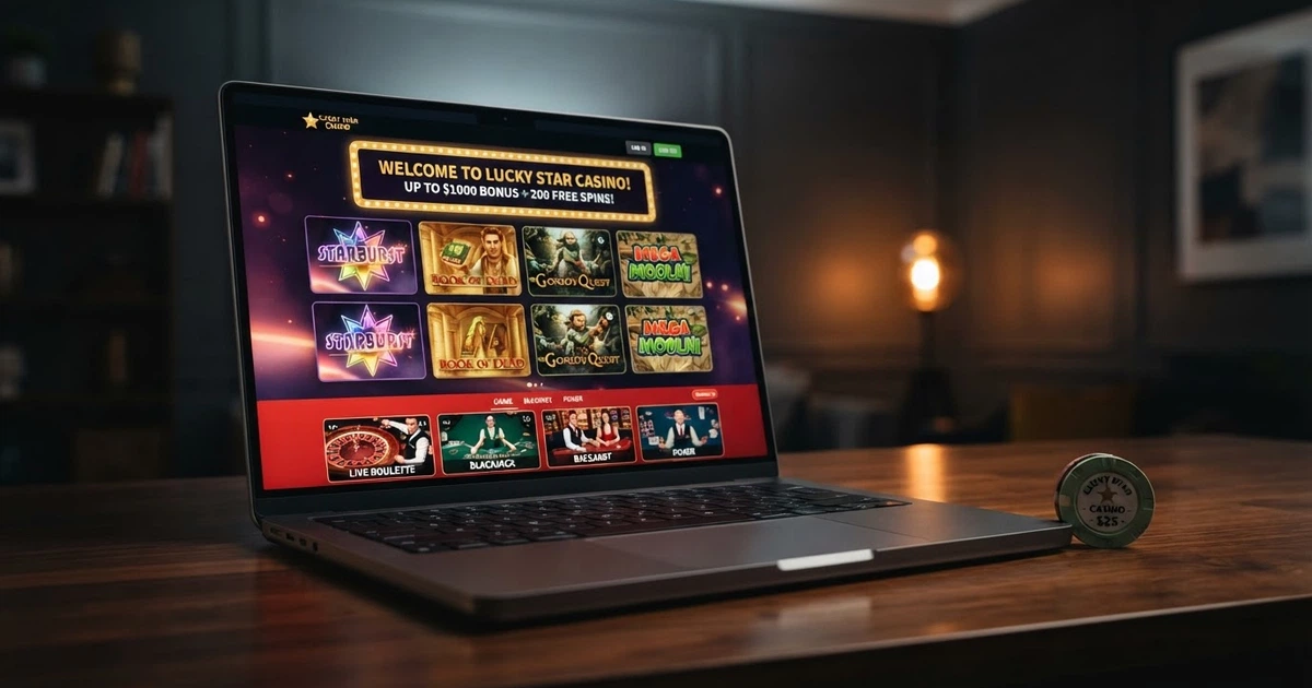 Page d'accueil d'un casino en ligne affichant des machines à sous, une bannière de bonus de bienvenue et un bandeau de jeux en direct