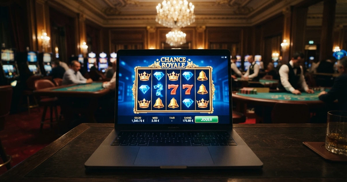 Un écran partagé entre un casino terrestre français illuminé et une interface de casino en ligne affichant des machines à sous sur un navigateur