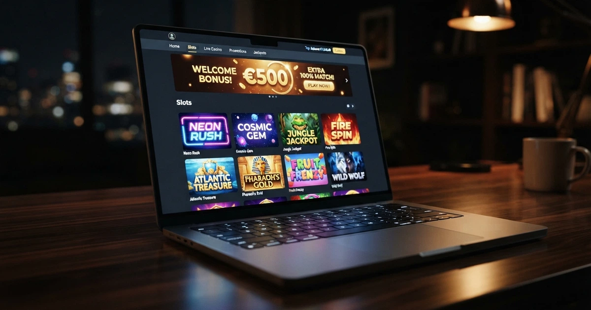Interface d'un casino en ligne offshore affichant une bibliothèque de machines à sous et des offres de bonus sur fond sombre