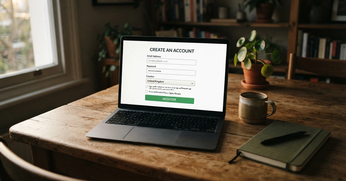 Interface d'accueil d'un casino en ligne sans vérification d'identité, avec formulaire d'inscription simplifié sans champ de pièce d'identité