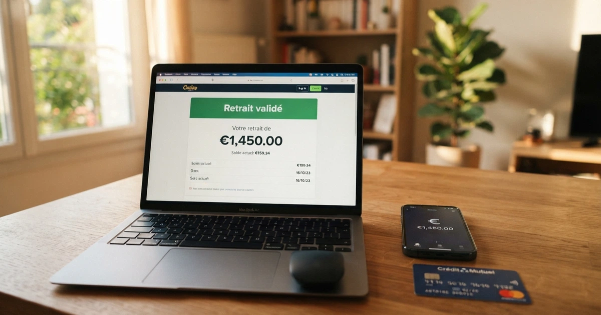 Interface d'un casino en ligne affichant une confirmation de retrait instantané sur l'écran d'un ordinateur portable, avec une carte bancaire et un téléphone posés à côté