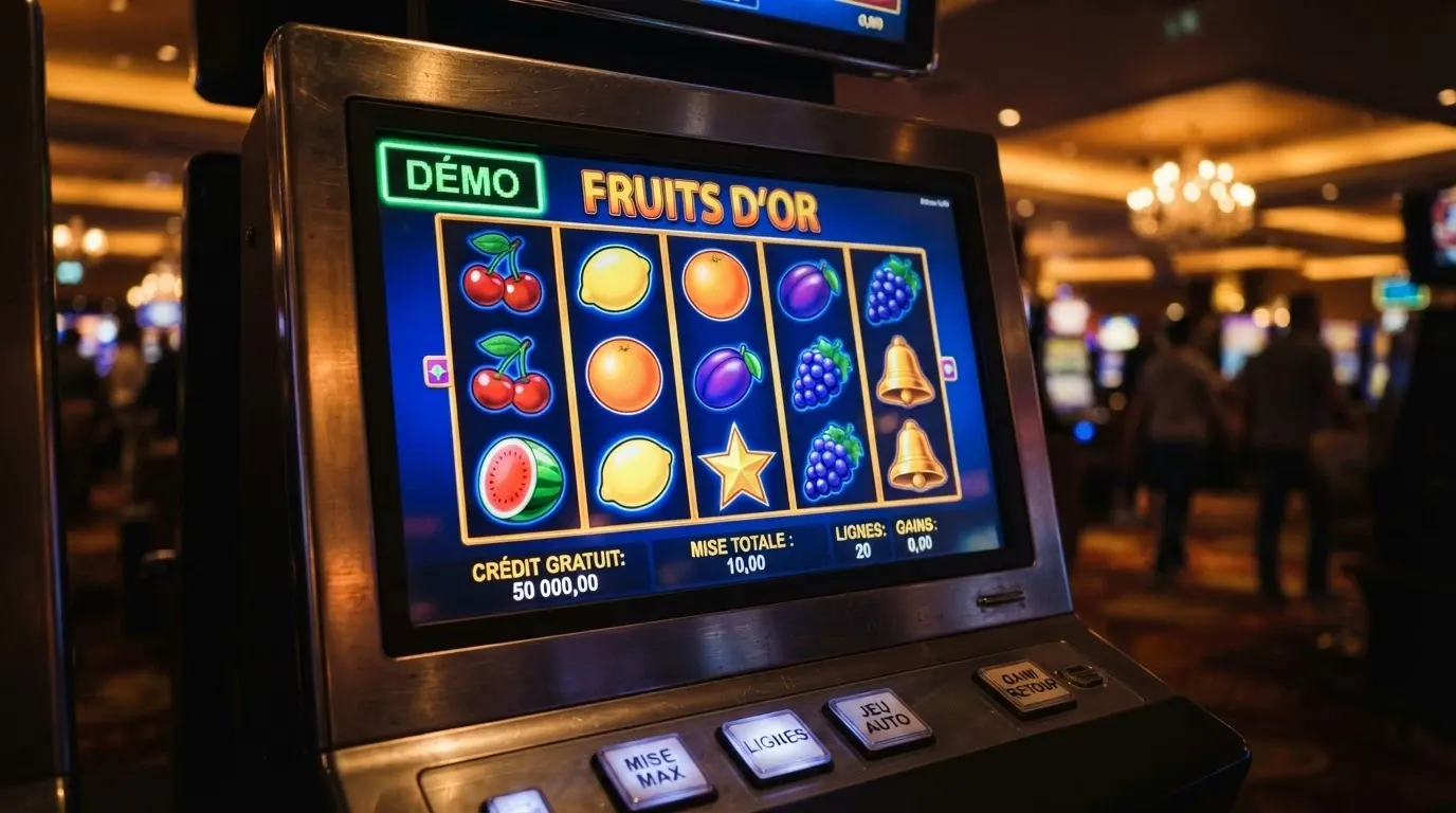 L'écran d'une machine à sous Merkur en mode démonstration, avec des jetons virtuels affichés