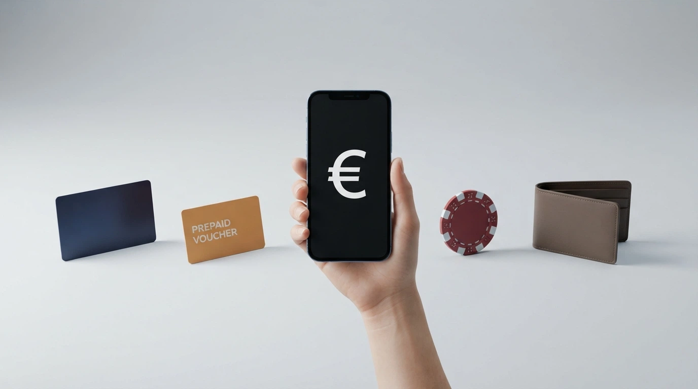 Plusieurs icônes de moyens de paiement (carte bancaire, PayPal, Paysafecard, Bitcoin) alignées avec l'indication du dépôt minimum accepté sous chaque icône