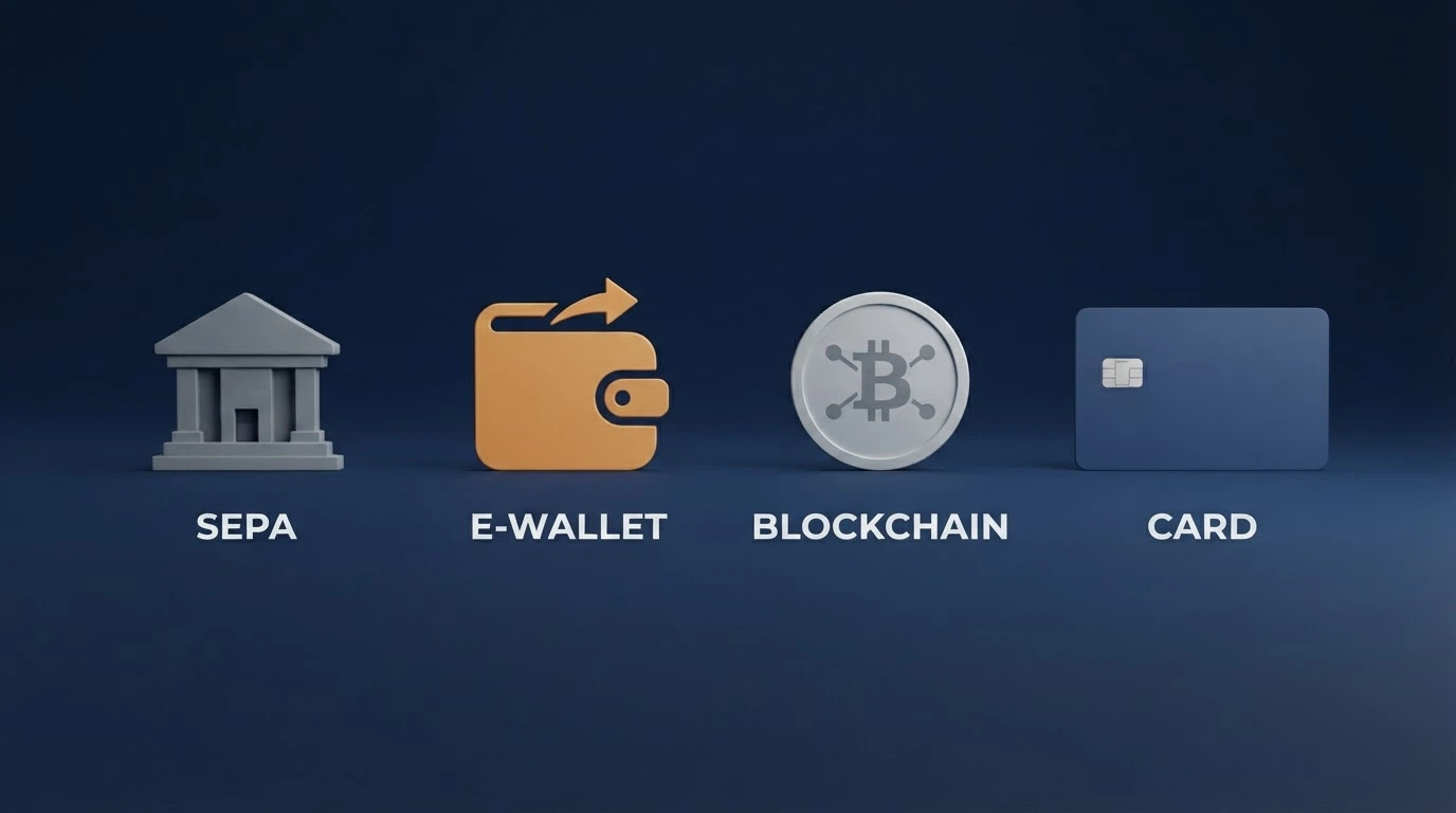 Comparaison visuelle des principaux moyens de paiement pour retirer ses gains : virement bancaire, portefeuille électronique, cryptomonnaie et carte bancaire