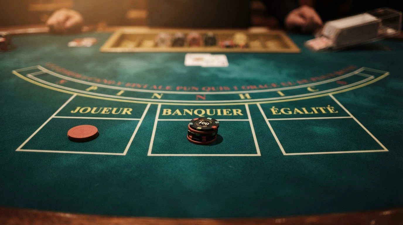 Gros plan sur les trois zones de mise d'une table de punto banco : Punto, Banco, Égalité