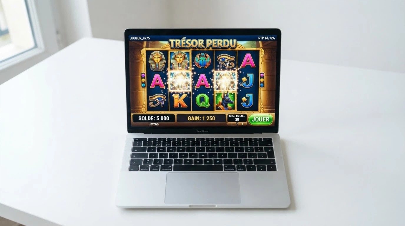 L'écran d'une machine à sous en mode démonstration affichant des crédits fictifs, l'interface de jeu avec les rouleaux et les boutons de mise.