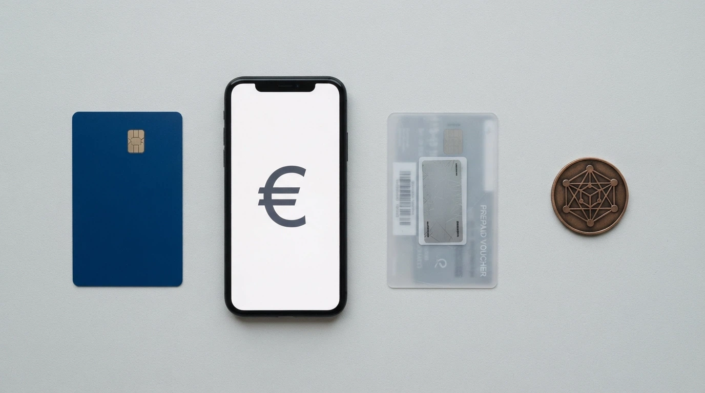 Carte bancaire, smartphone affichant un portefeuille électronique, pièces de bitcoin et ticket paysafecard disposés côte à côte