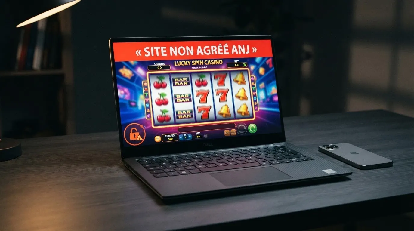 Une interface de casino en ligne affichée sur un écran, avec en surimpression la mention « site non agréé ANJ » et le logo de l'Autorité nationale des jeux.
