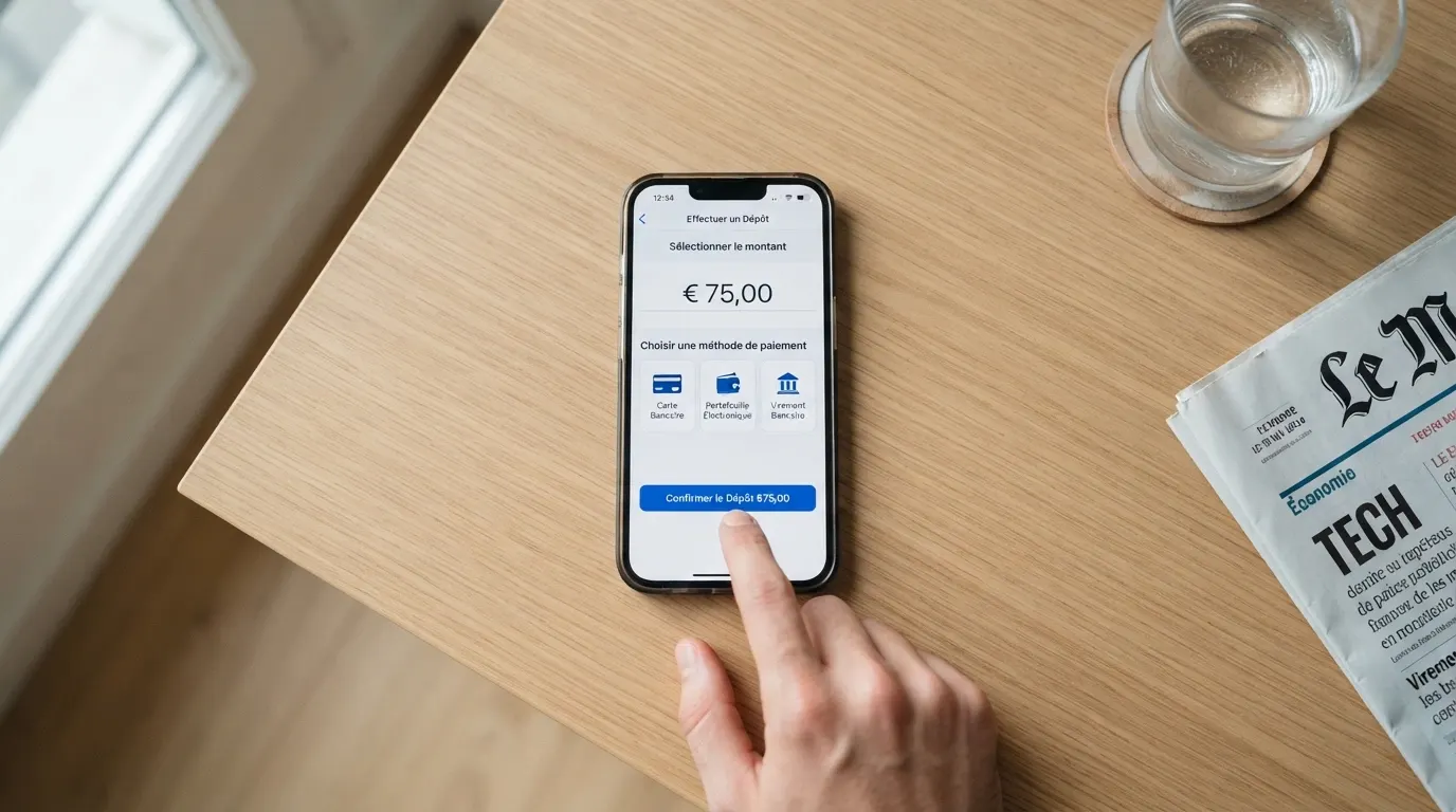 Écran d'iPhone affichant l'interface de dépôt d'un casino en ligne avec plusieurs méthodes de paiement proposées