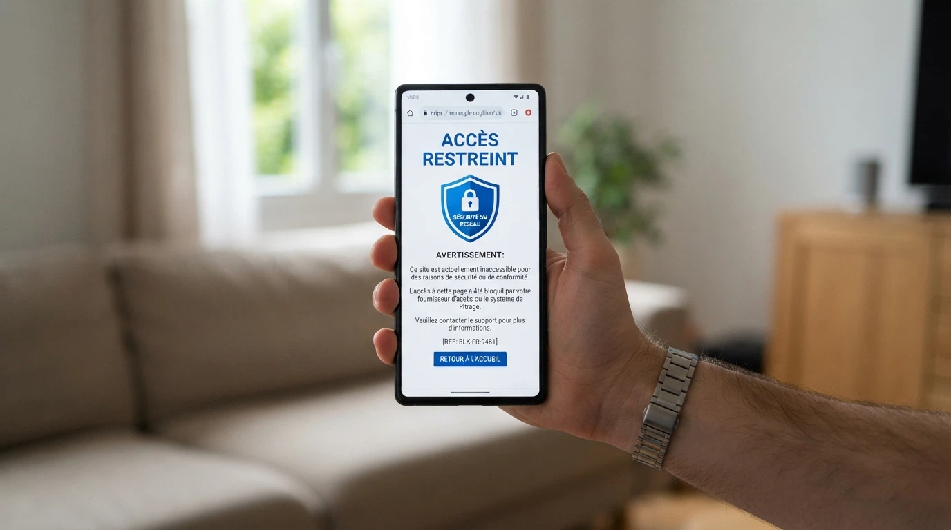 La page de blocage de l'ANJ telle qu'elle apparaît lorsqu'un joueur français tente d'accéder à un site de casino illégal, avec le message officiel d'avertissement.