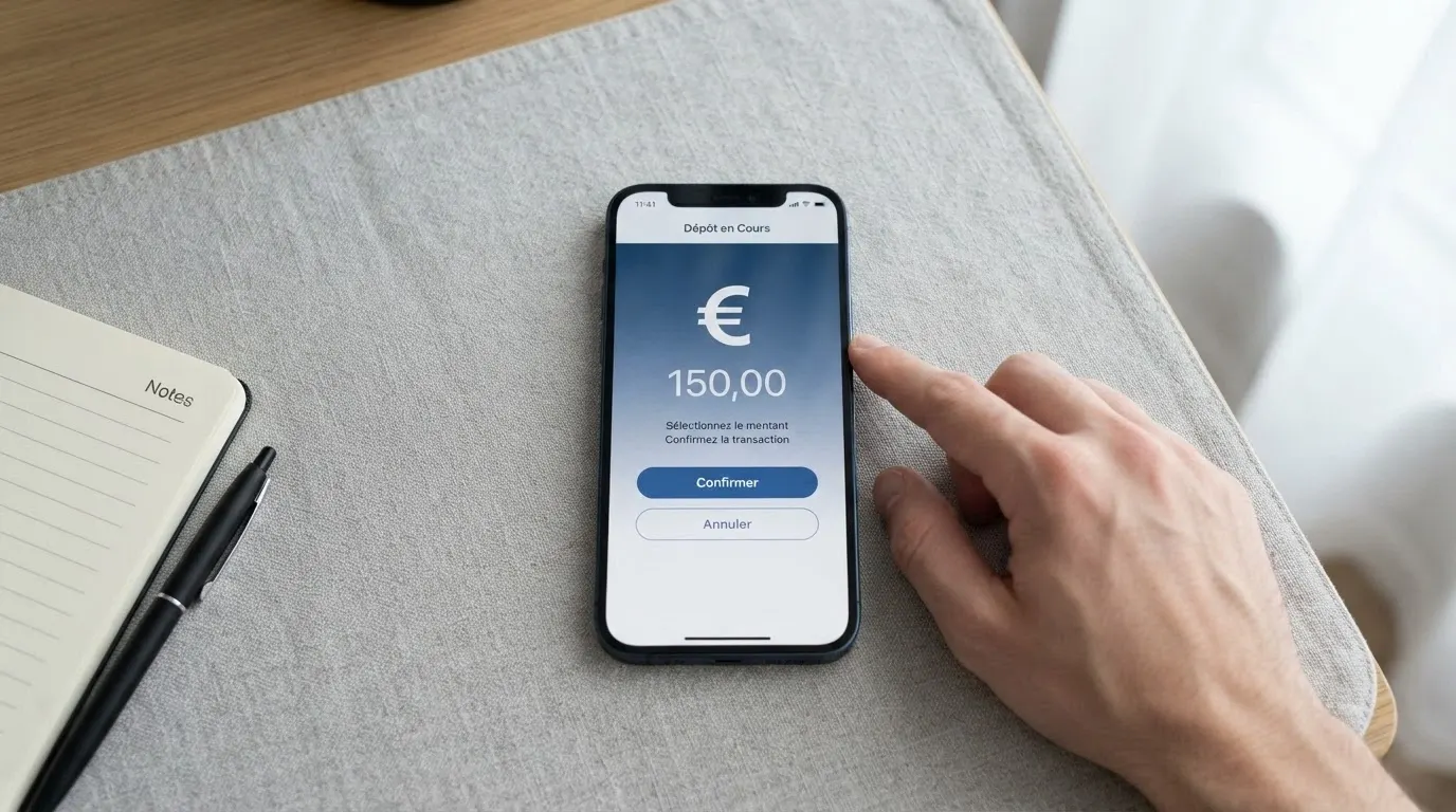 Téléphone affichant une interface de dépôt avec les logos de CB, PayPal et Apple Pay, une main tenant une carte bancaire à proximité