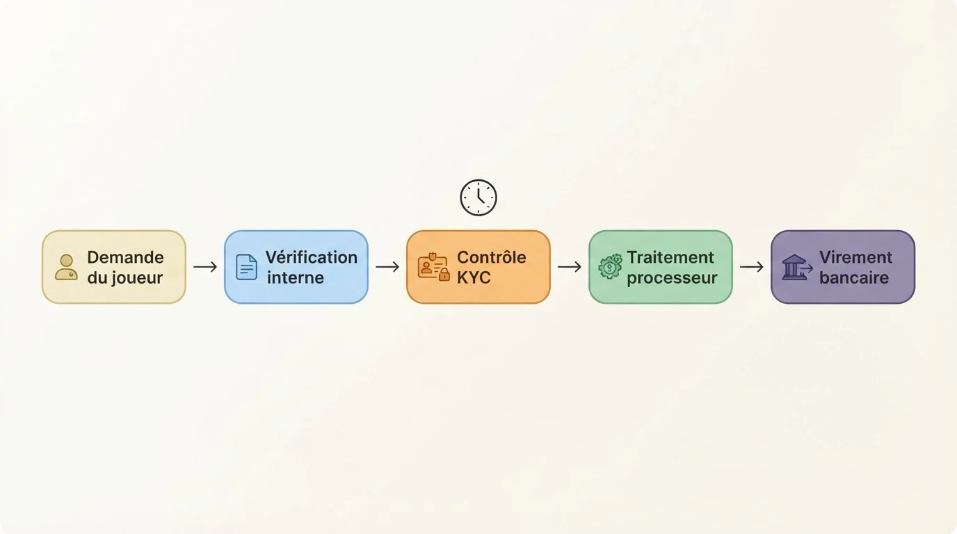 Schéma du parcours d'une demande de retrait en cinq étapes : demande du joueur, vérification interne, contrôle KYC, traitement par le processeur de paiement, virement bancaire final