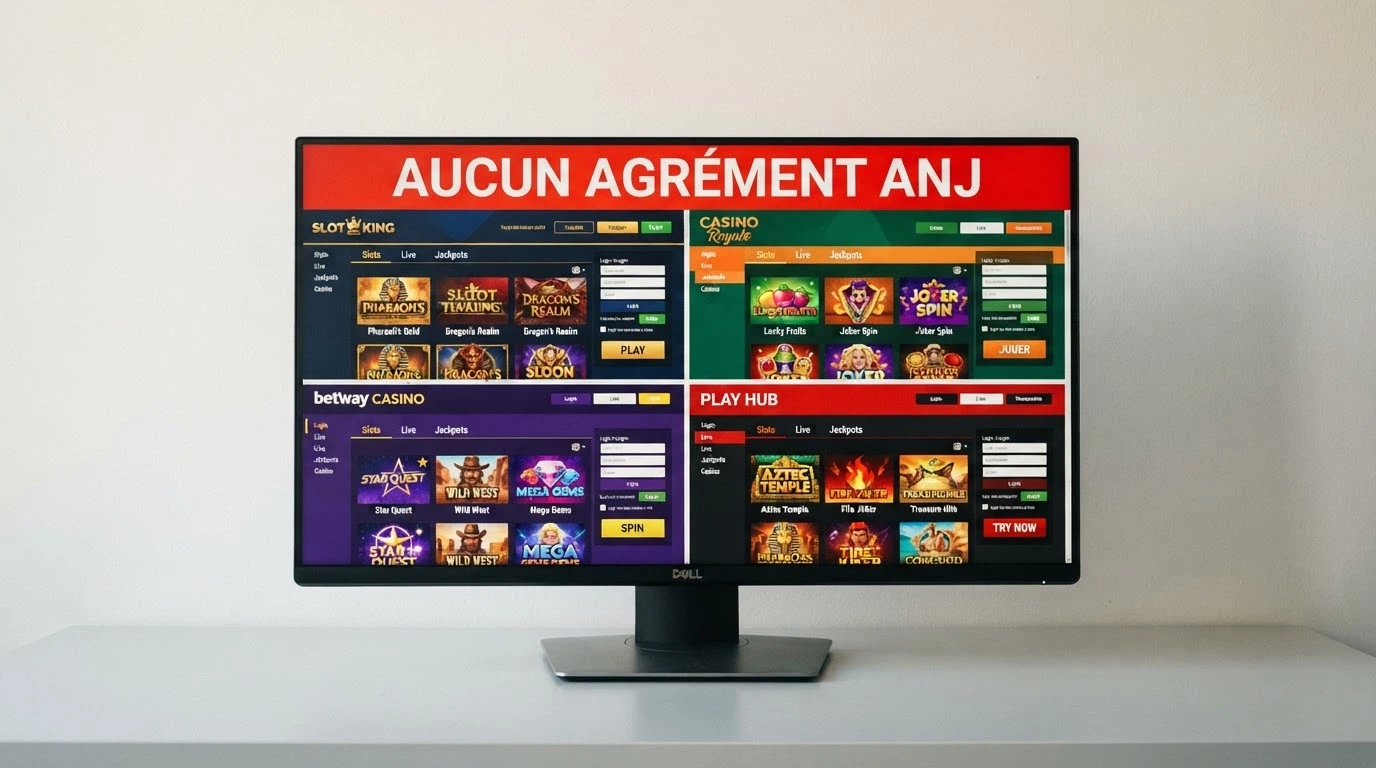 Écran partagé montrant plusieurs interfaces d'accueil de casinos en ligne aux designs variés, avec un bandeau rappelant l'absence d'agrément ANJ