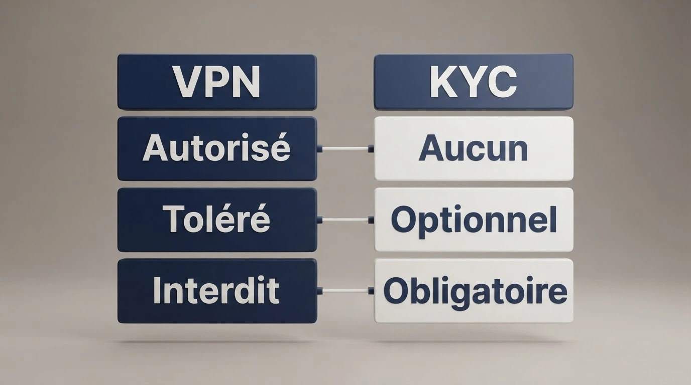 Grille comparant la case « VPN autorisé » et la case « KYC exigé » pour chaque casino du panel